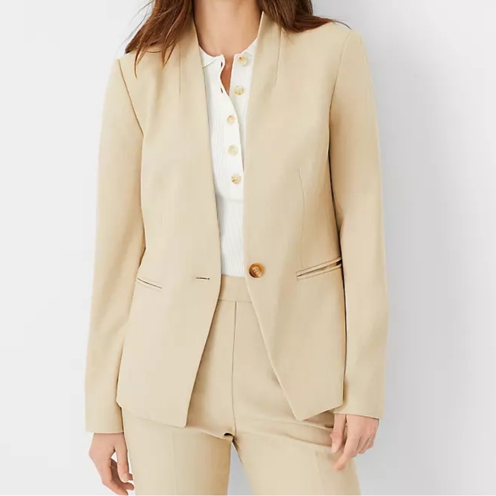 Ann Taylor Cutaway natural tan Linen blend single front Women's Blazer Sz 10P